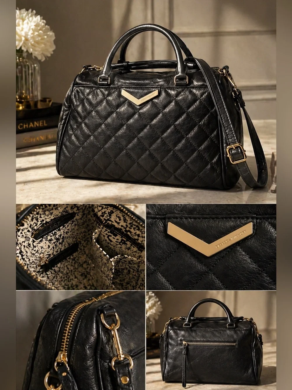 Rebecca Minkoff Quilted Leather Satchel Crossbody Black Gold Hardware Handle Bag